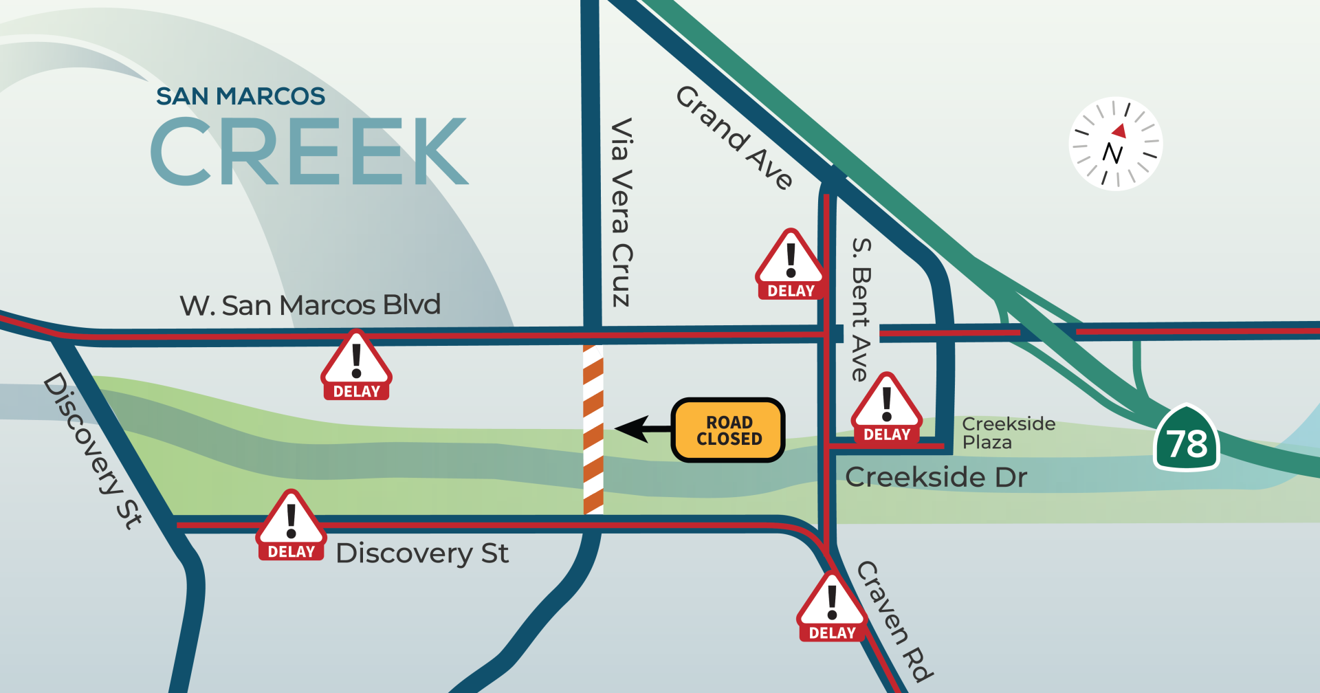Map showing delays on Discovery, San Marcos Blvd., Craven and Bent Ave. for Via Vera Cruz Bridge concrete pour