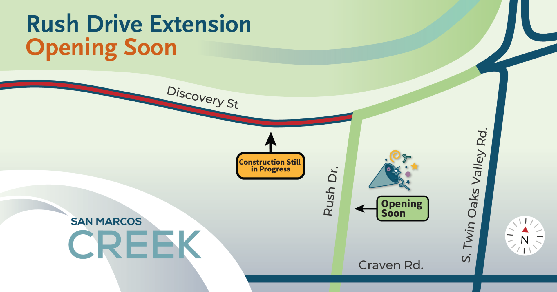 Map of Rush Drive Extension to Twin Oaks Valley Road